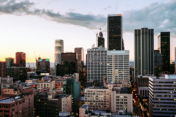 view of Downtown Los Angeles with the One Wilshire Building in the center; image by LA Owen CL